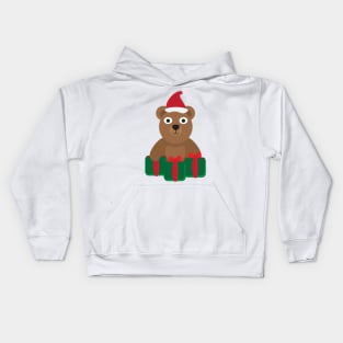 Cute Cartoon Bear with Santa Hat and Green Red Gifts Kids Hoodie